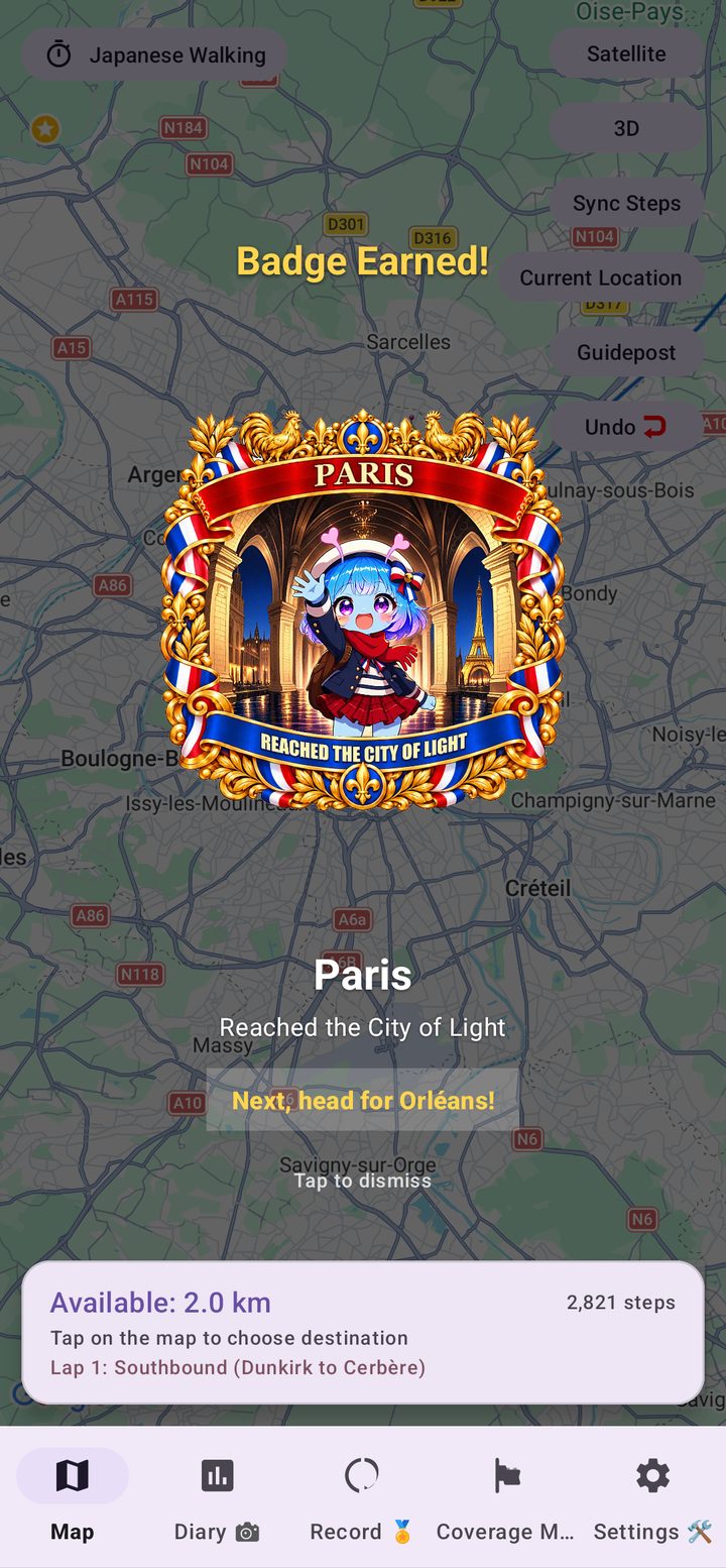 Badge Earned screen in France Walk Nomad