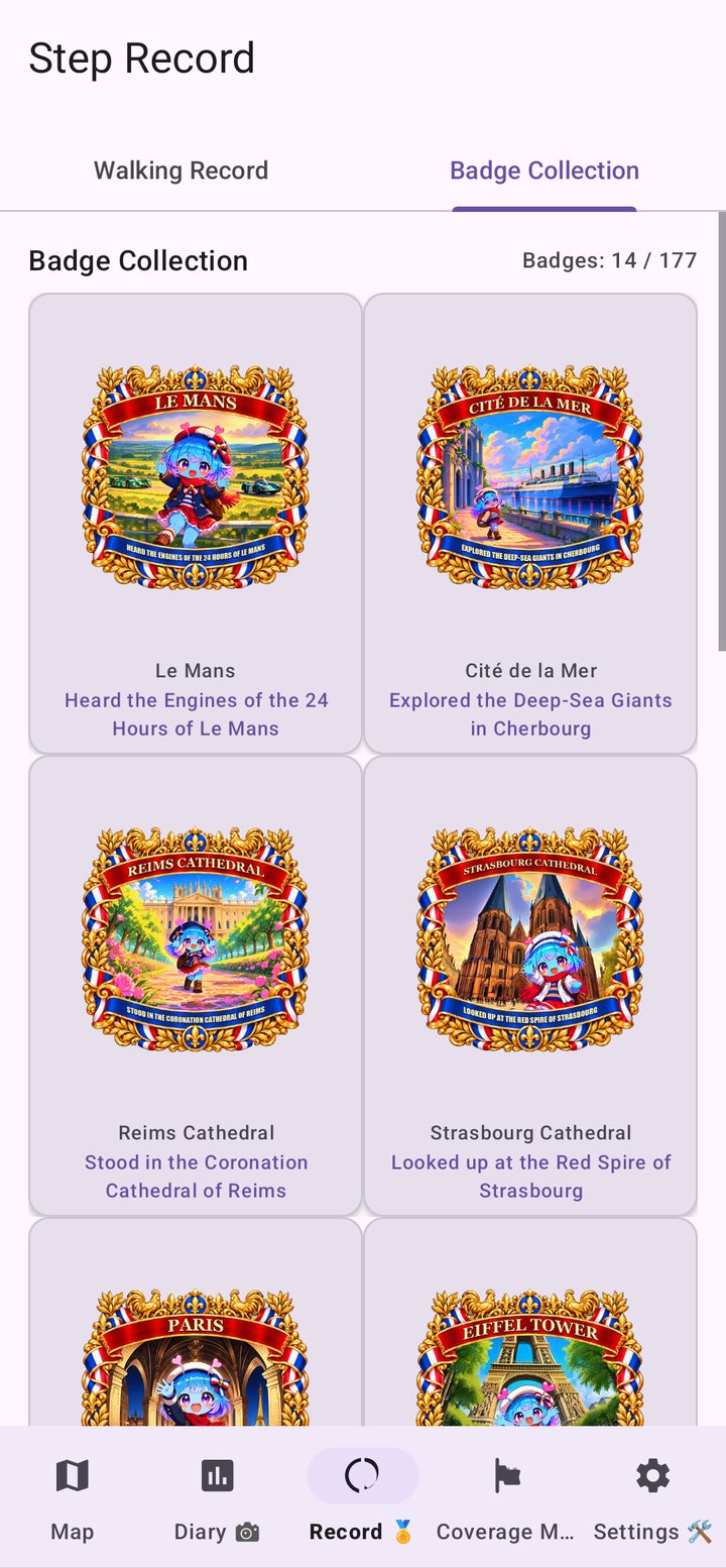 Badge Collection screen in France Walk Nomad