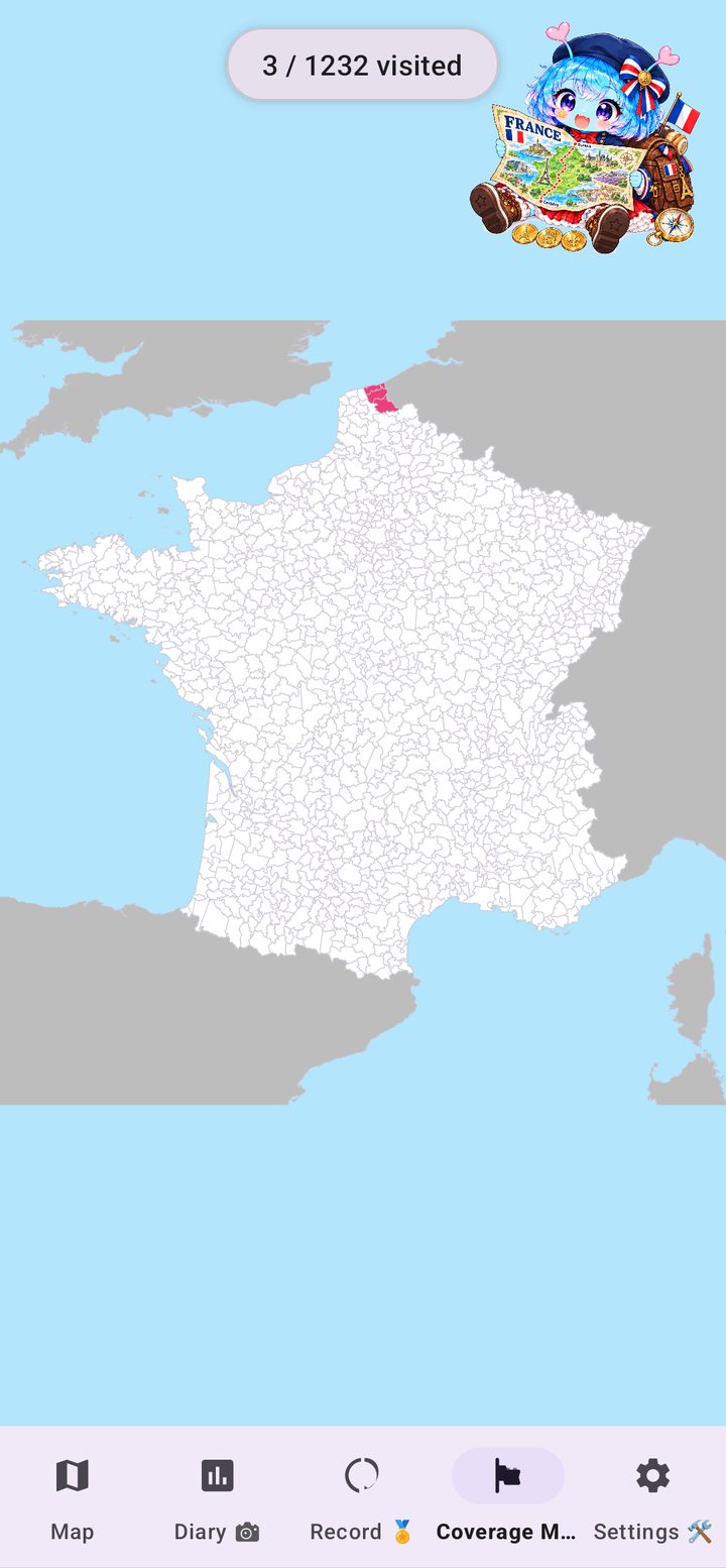 Coverage Map of France with visited areas coloured in, in France Walk Nomad