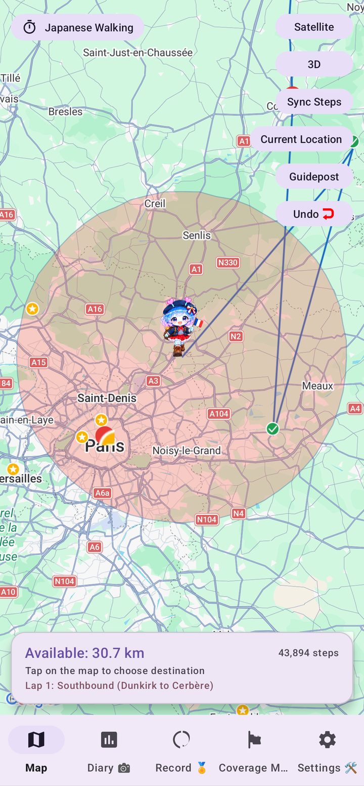 France Walk Nomad travel map showing the movable range and the guide character Arukyun