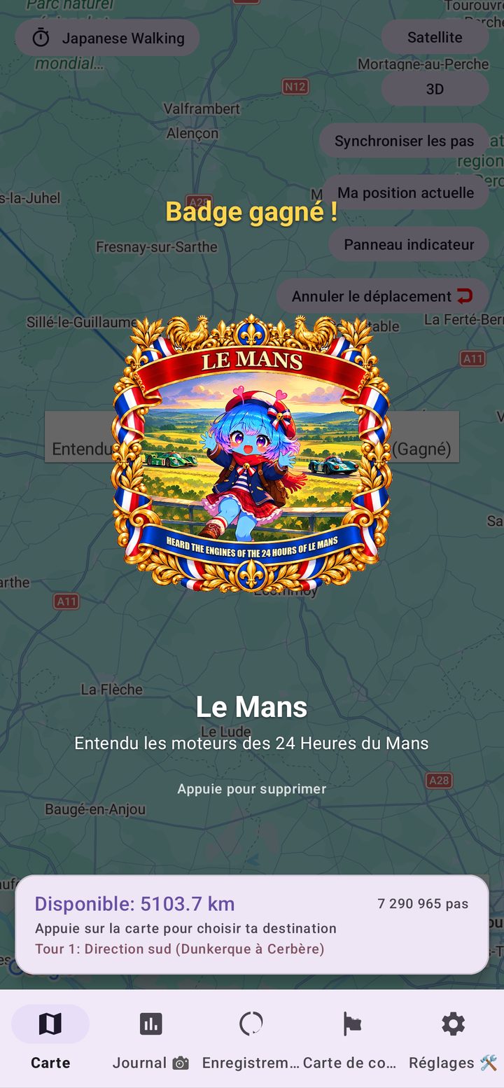 Écran « Badge obtenu » dans France Walk Nomad