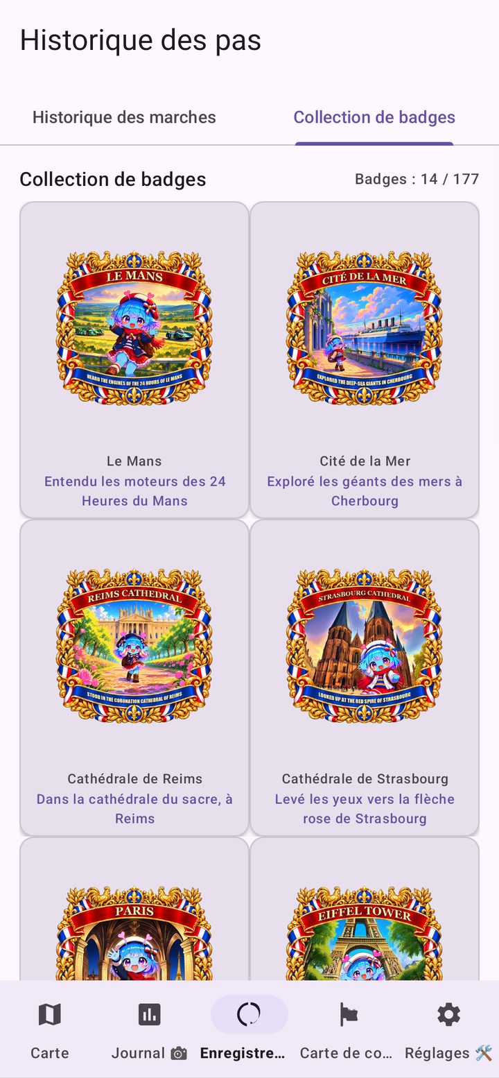 Écran de la collection de badges dans France Walk Nomad