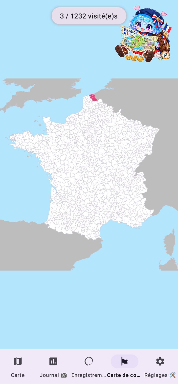 Carte de conquête de la France avec les zones visitées coloriées dans France Walk Nomad