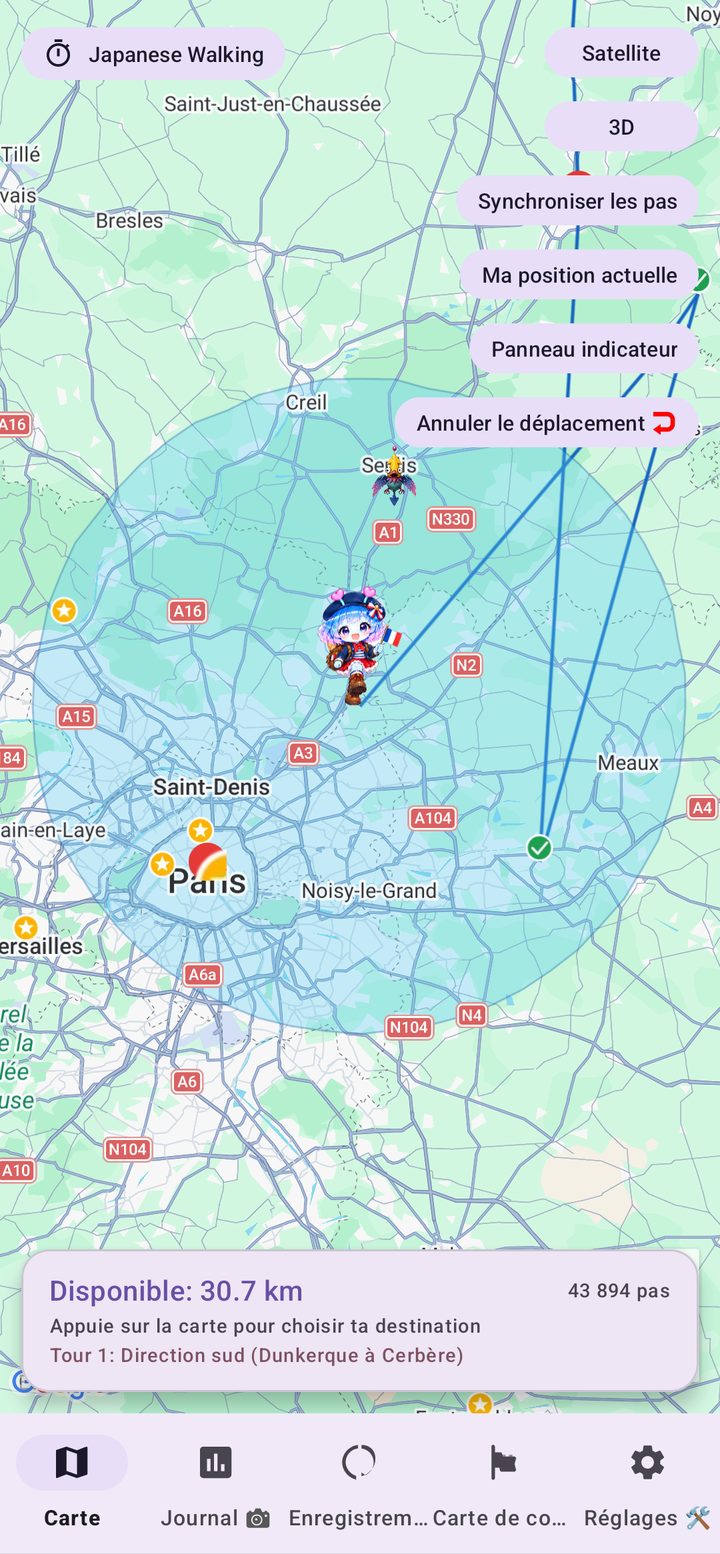 Carte du voyage de France Walk Nomad avec la zone atteignable et le guide Arukyun