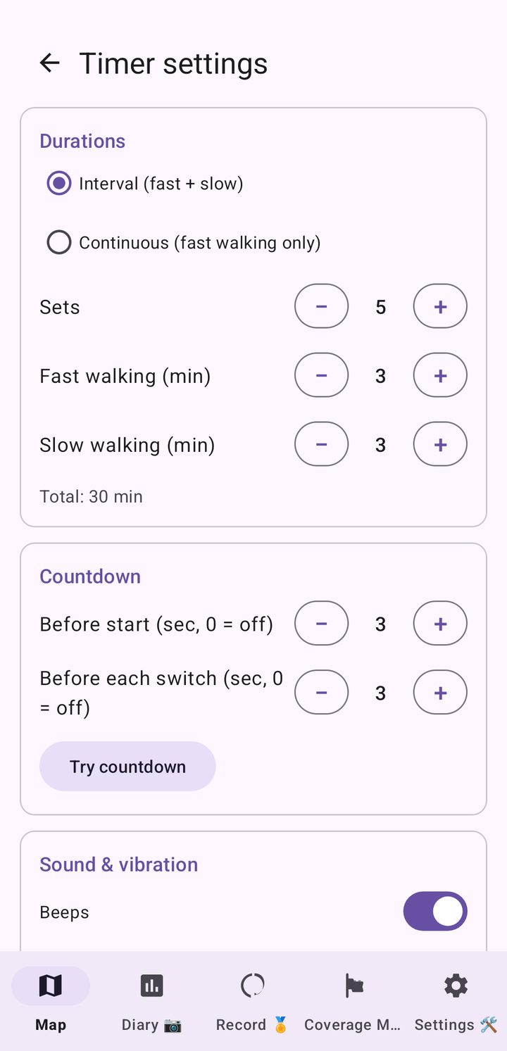 Japanese Walking timer settings for sets, durations, countdown, sound and tempo