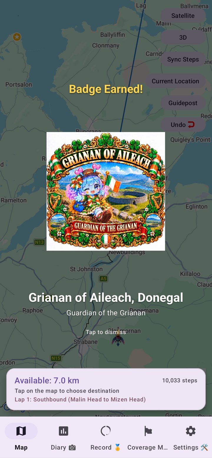 Badge Earned screen for the Grianan of Aileach in Donegal, titled Guardian of the Grianan