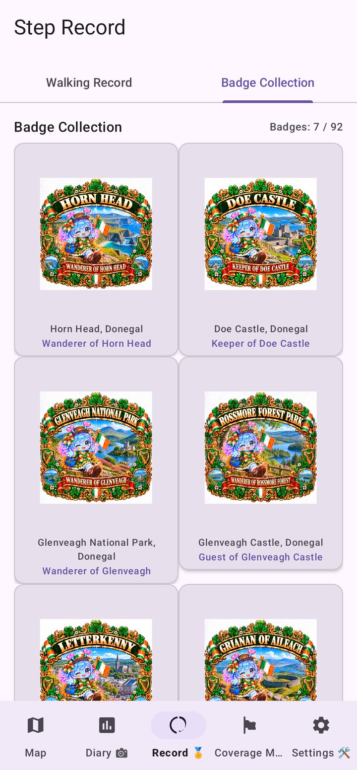 Badge Collection screen showing 7 of 92 badges