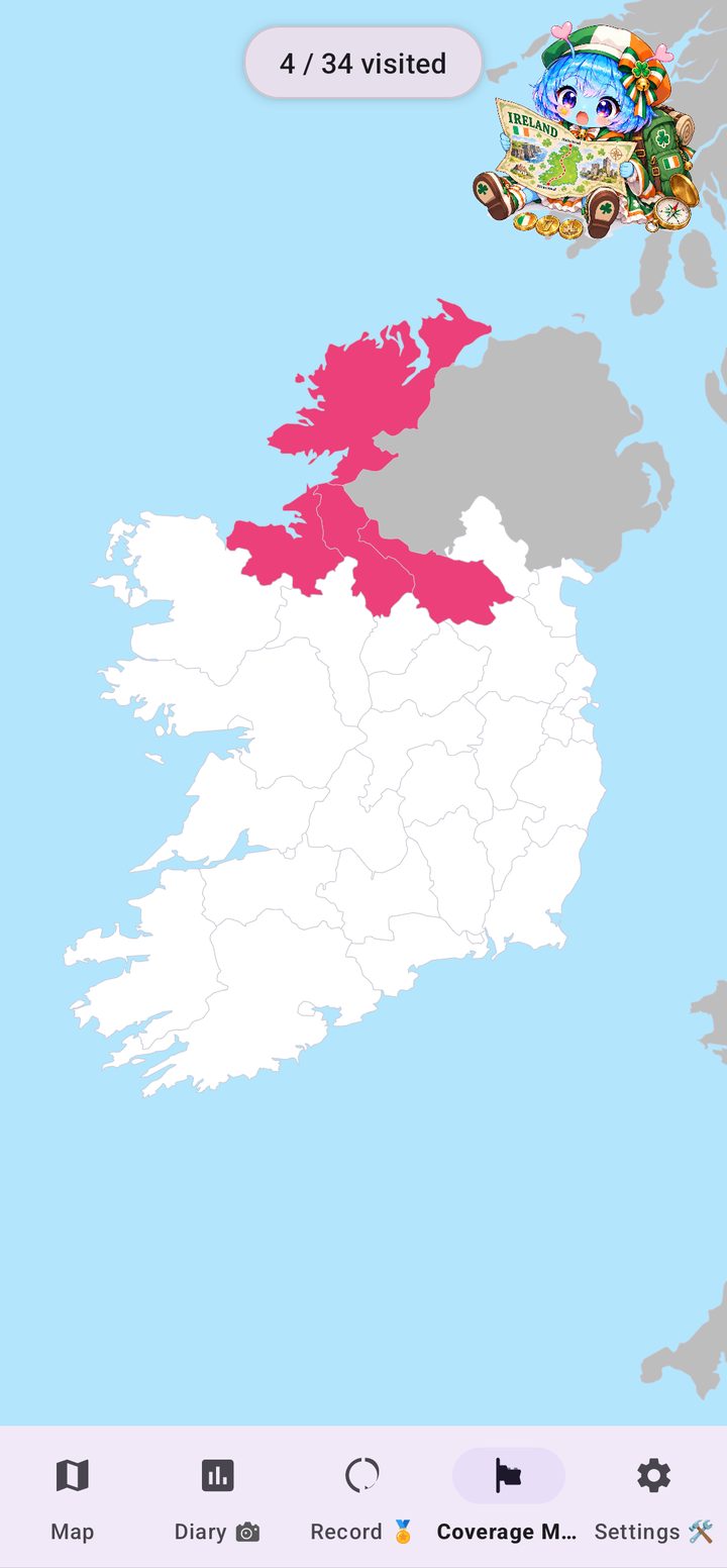 Coverage Map of Ireland with visited counties coloured in pink, showing 4 of 34 visited