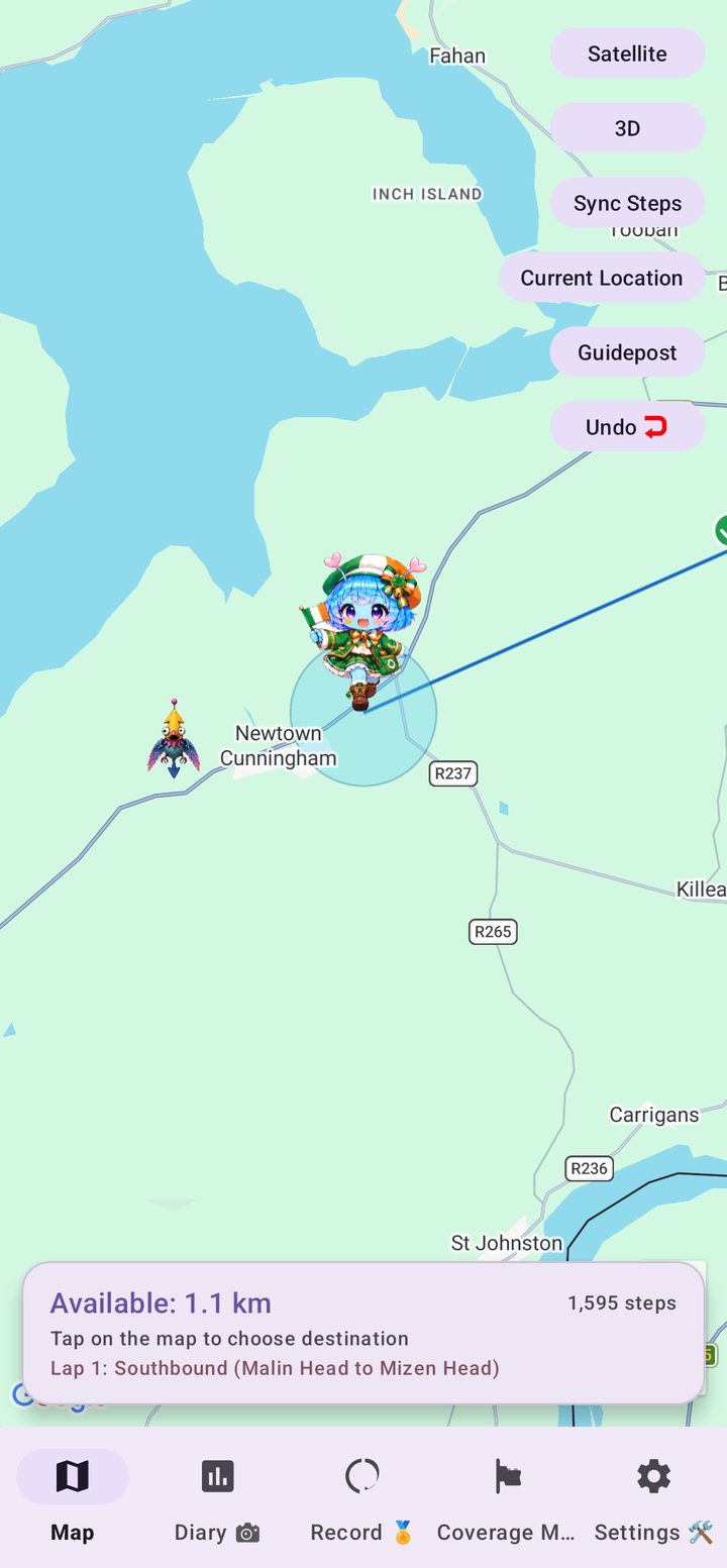 Ireland Walk Nomad travel map of County Donegal showing the movable range and the guide character Arukyun in Irish costume