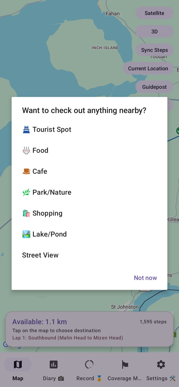 Nearby places menu with tourist spot, food, cafe, park, shopping, lake and Street View options