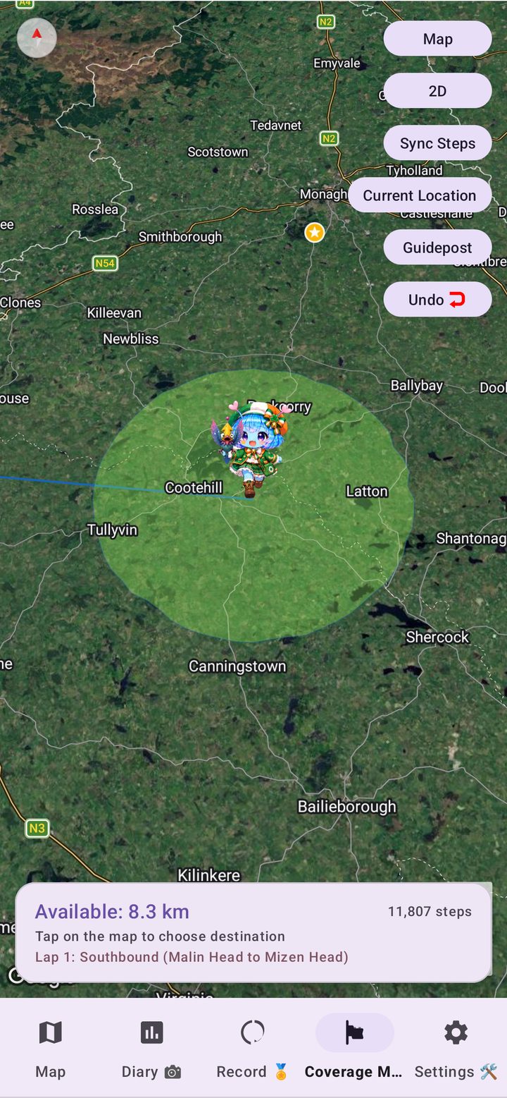 Satellite view near Monaghan with an irregular green movable range around Arukyun