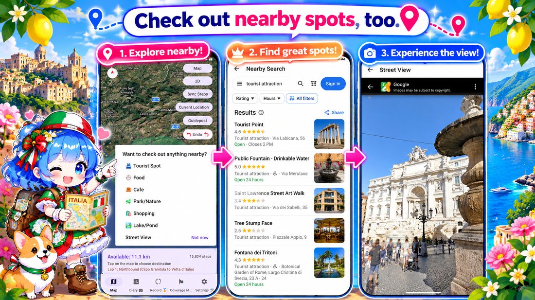 Explore nearby places: find great spots and experience the view with Street View
