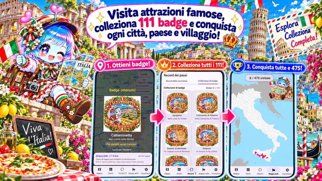 Visita attrazioni famose, colleziona 111 badge e conquista ogni città, paese e villaggio