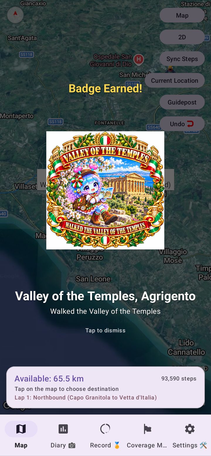 Badge Earned screen for the Valley of the Temples in Agrigento