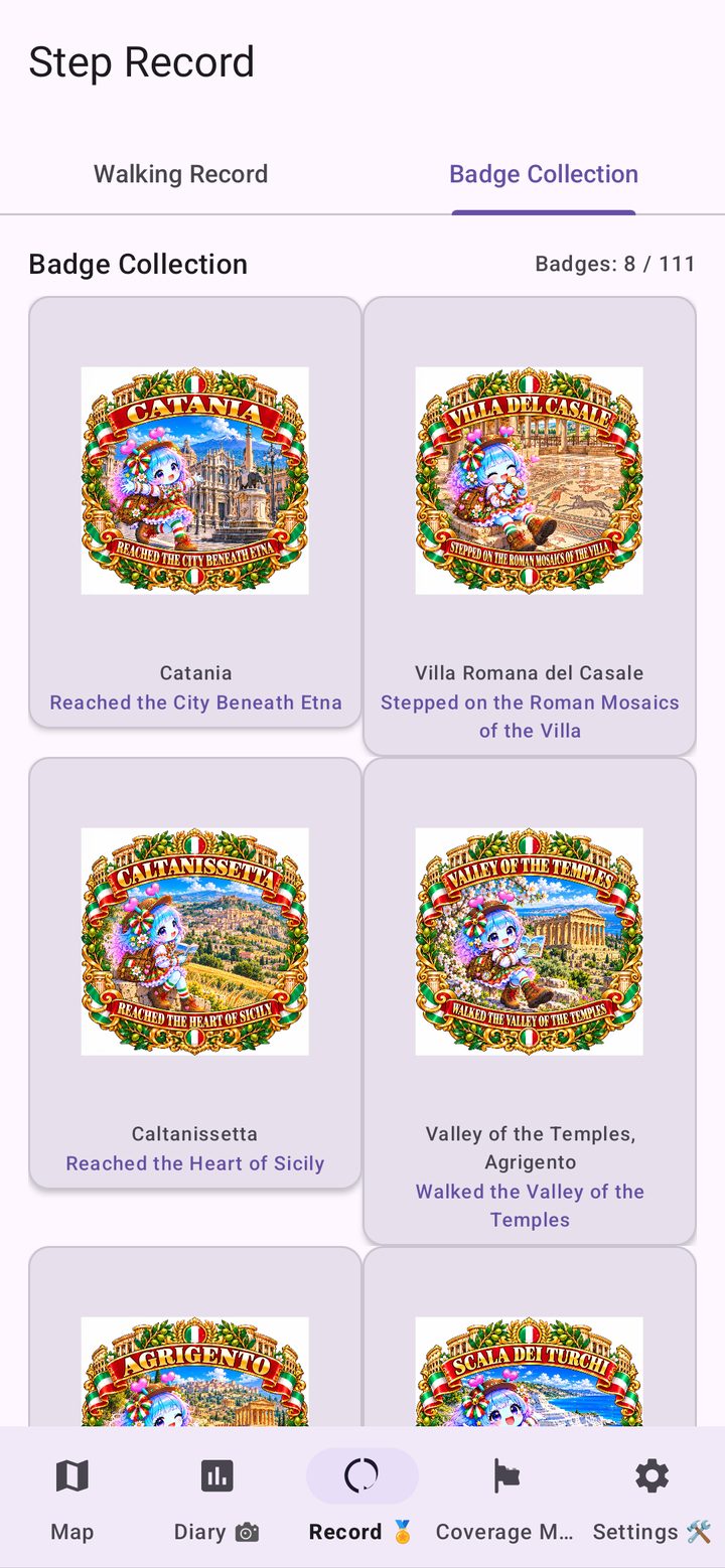 Badge Collection screen showing 8 of 111 badges