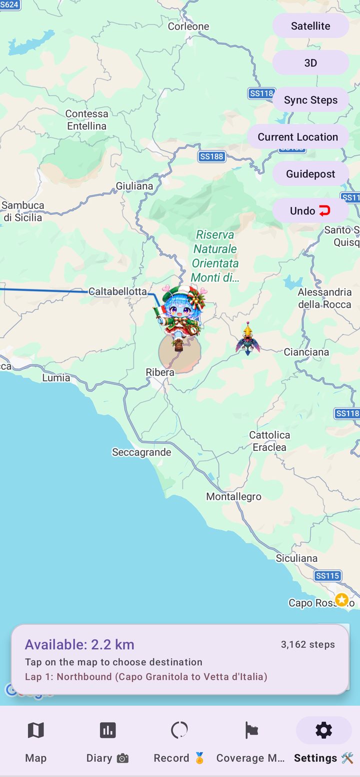 Italy Walk Nomad travel map in Sicily showing the movable range and the guide character Arukyun in Italian costume