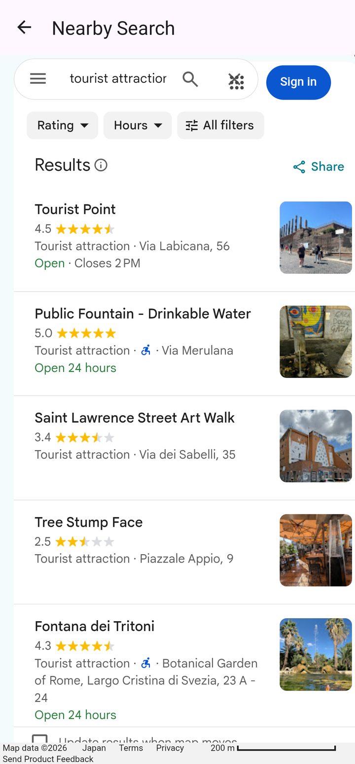 Nearby Search results for tourist attractions near the Trevi Fountain in Rome