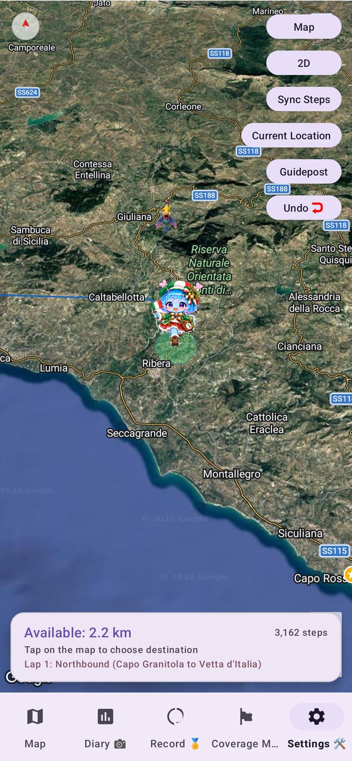Satellite view of inland Sicily with an irregular movable range around Arukyun
