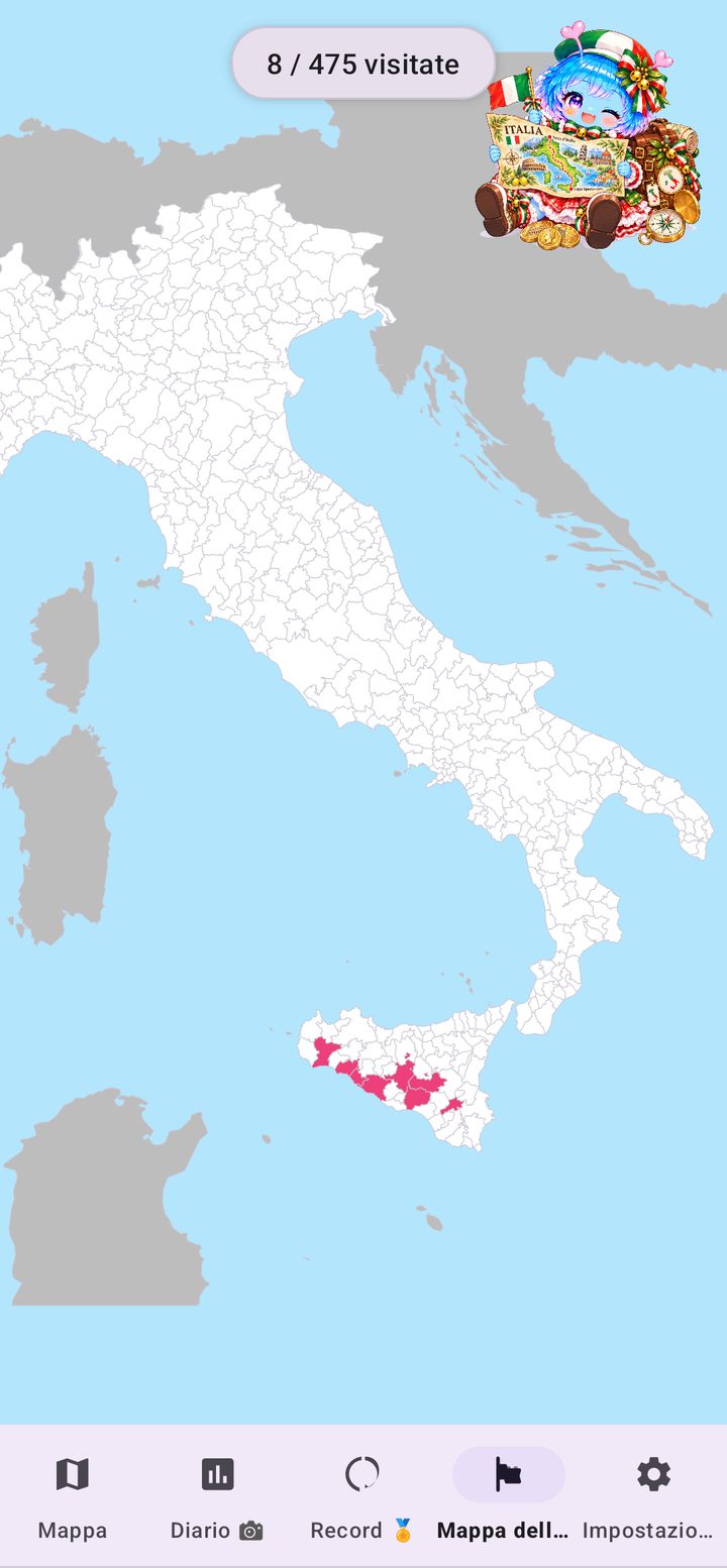 Mappa dell'Italia con le aree visitate in Sicilia colorate di rosa: 8 visitate su 475