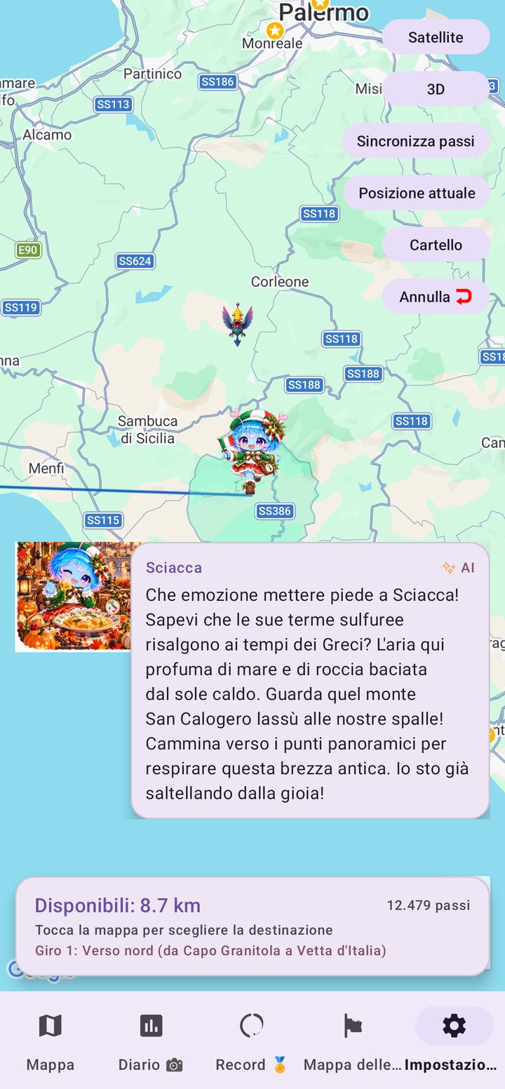 Mappa del viaggio di Italy Walk Nomad in Sicilia, con l'area di movimento e il personaggio guida Arukyun in costume italiano
