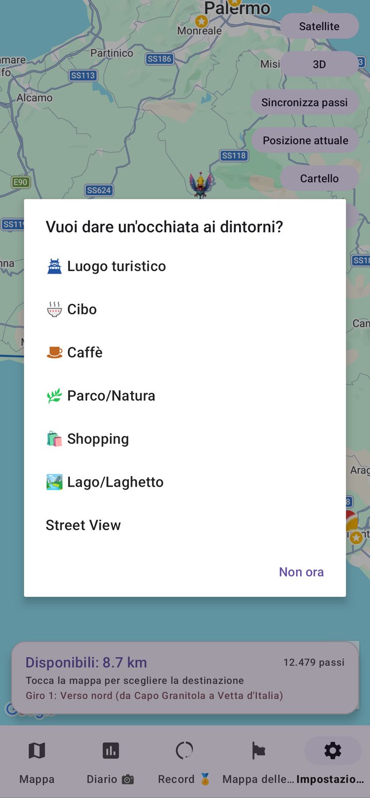 Menu dei dintorni con luoghi turistici, cibo, caffè, parchi, shopping, laghi e Street View