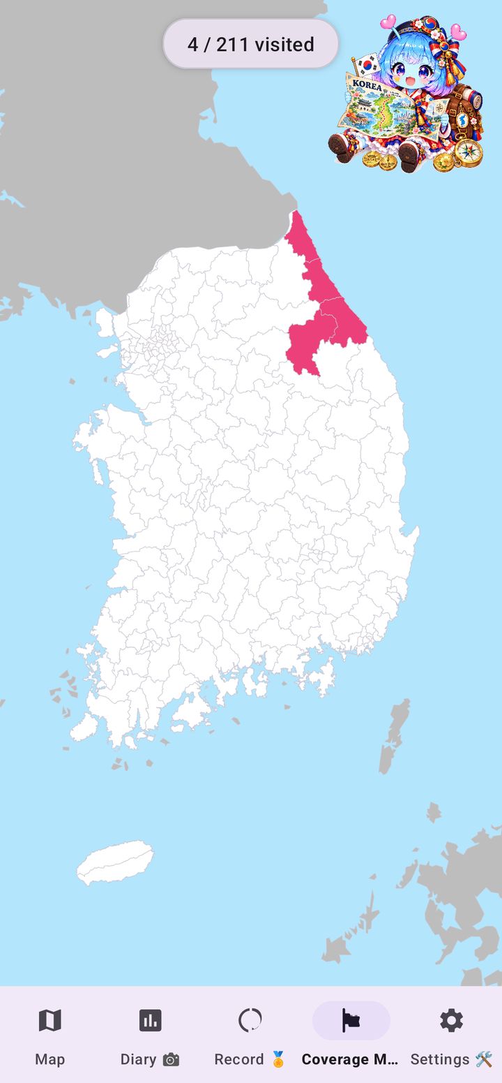 Coverage Map of South Korea with the visited area coloured in pink, showing 4 of 211 visited