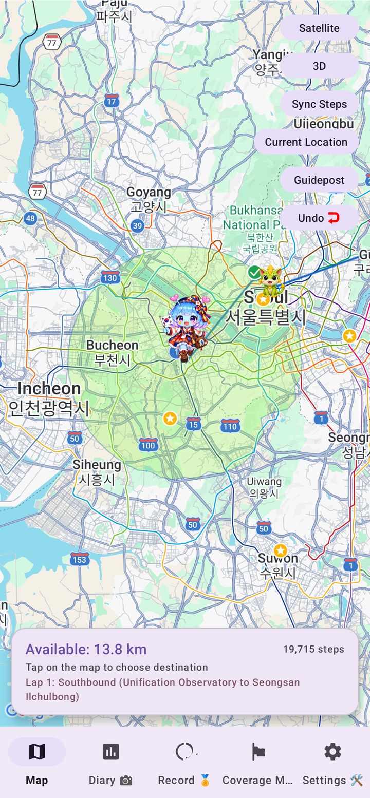 Korea Walk Nomad travel map around Seoul showing the movable range and the guide character Arukyun in Korean hanbok
