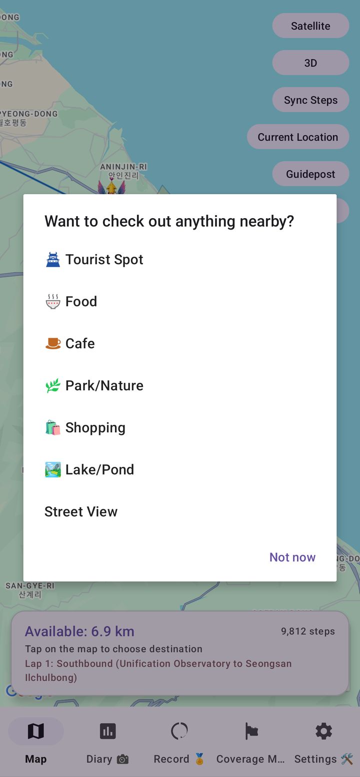 Nearby places menu with tourist spot, food, cafe, park, shopping, lake and Street View options