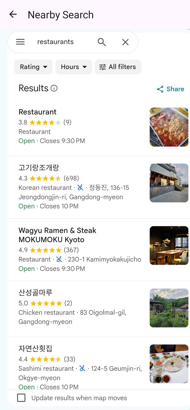Nearby Search results for restaurants near Gangdong-myeon
