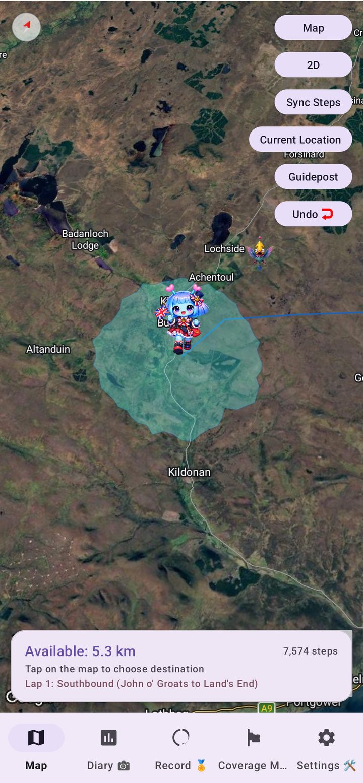 Satellite 3D view of the Scottish Highlands with an irregular movable range around Arukyun