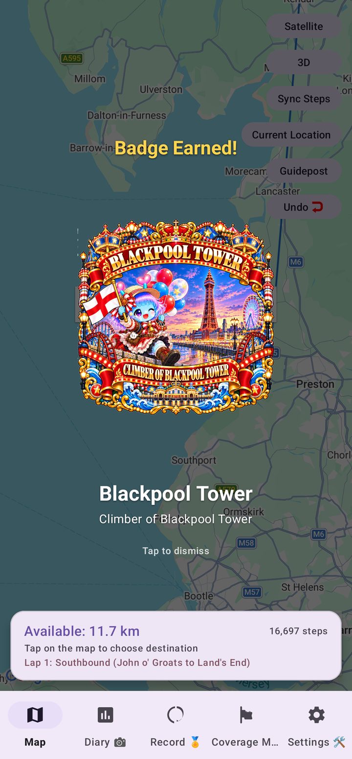 Badge Earned screen for Blackpool Tower, titled Climber of Blackpool Tower