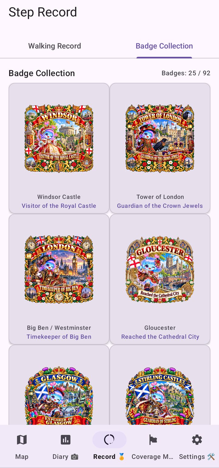 Badge Collection screen showing 25 of 92 badges