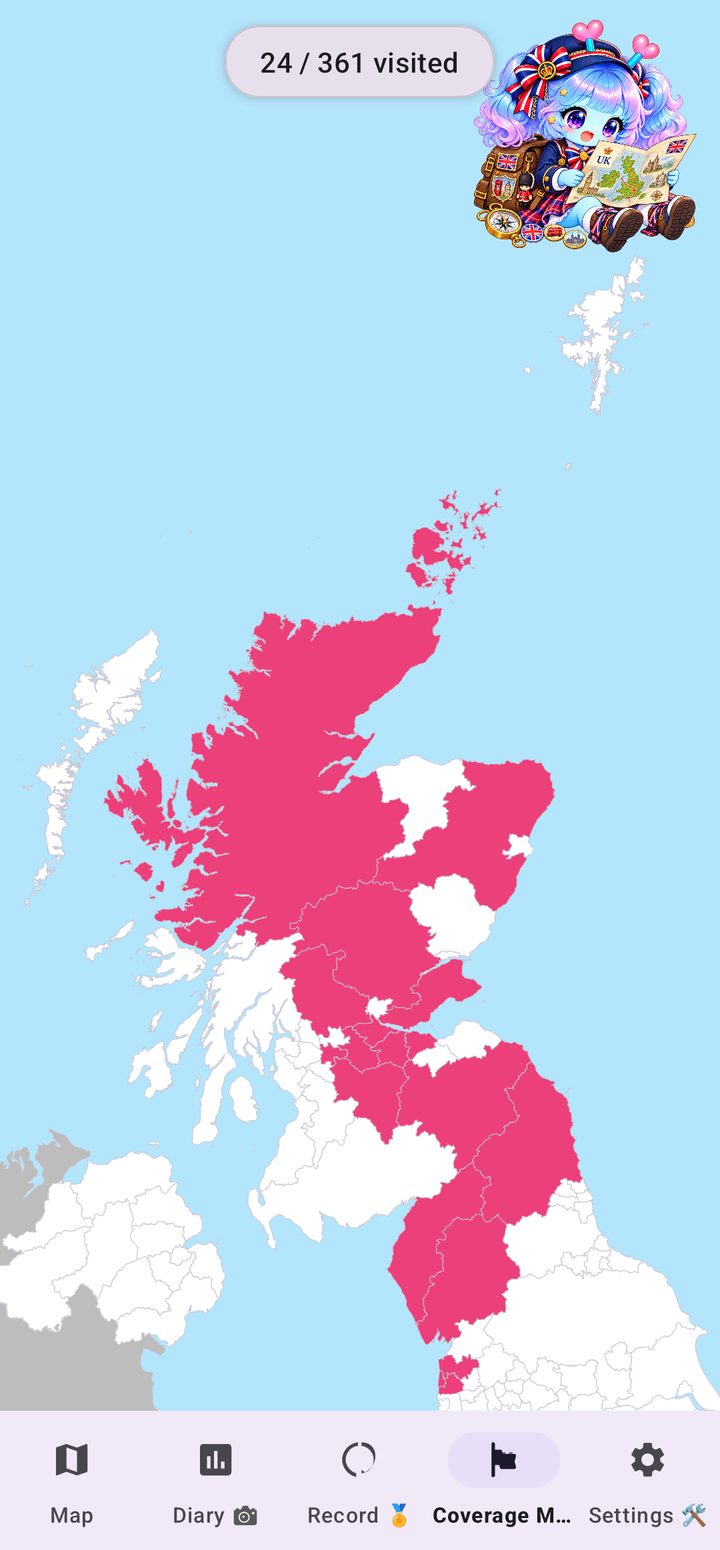 Coverage Map of Scotland with visited areas coloured in pink, showing 24 of 361 visited