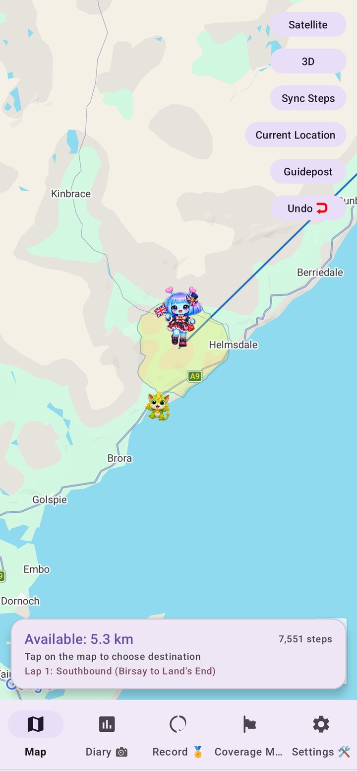 UK Walk Nomad travel map near Helmsdale in the Scottish Highlands, showing the movable range and the guide character Arukyun