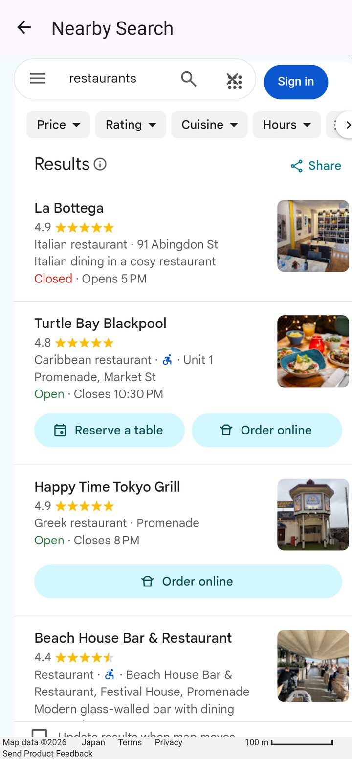 Nearby Search results for restaurants around Blackpool