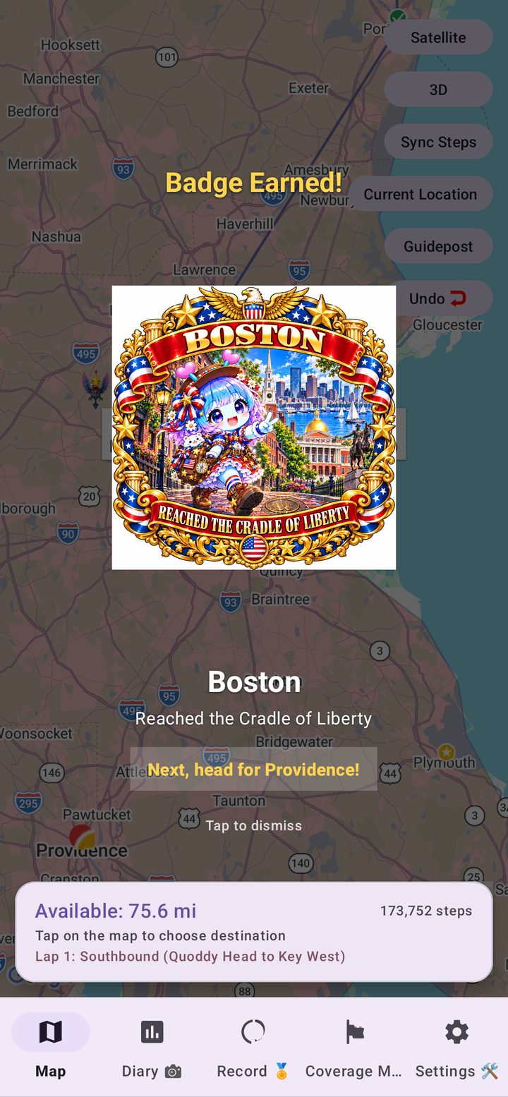 Badge Earned screen in US East Walk Nomad