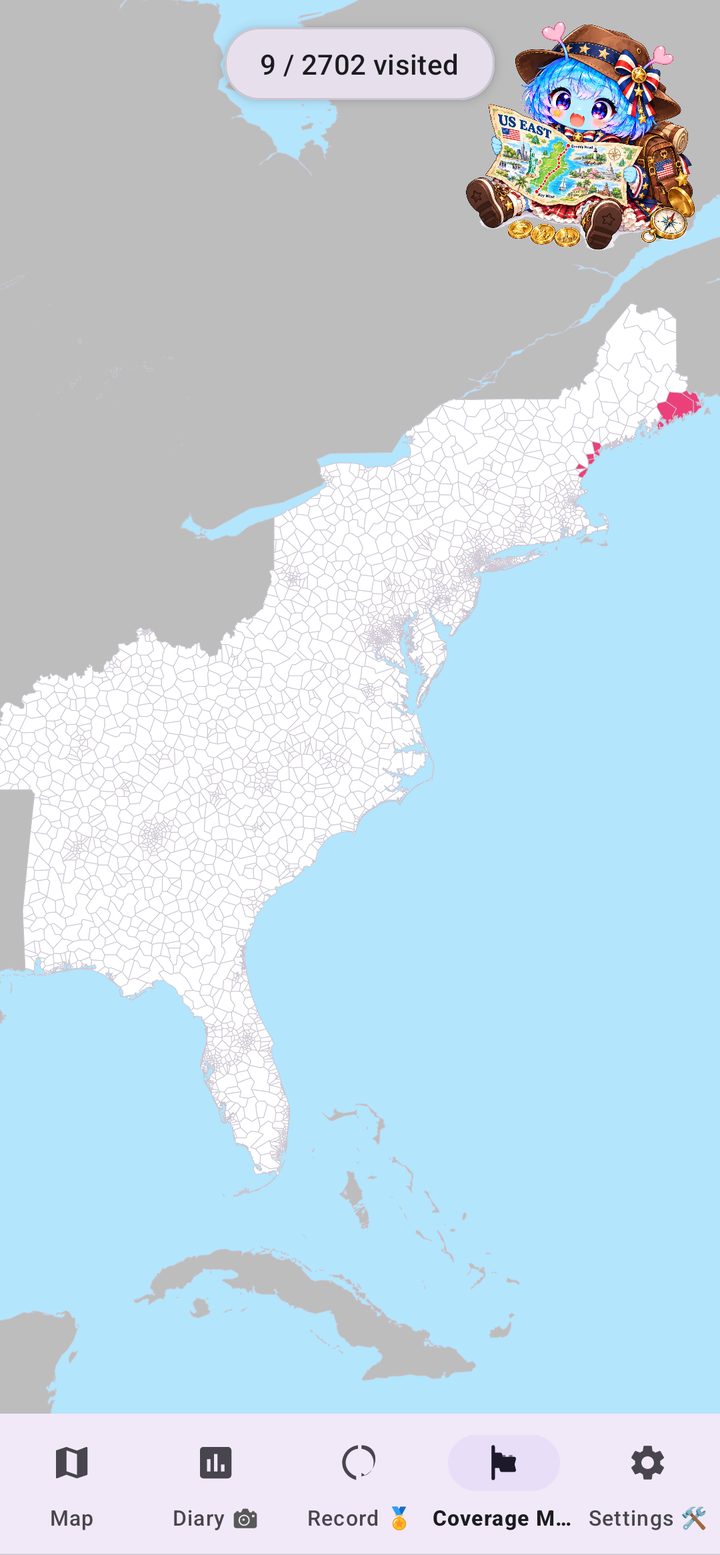 Coverage Map of the US with visited areas coloured in, in US East Walk Nomad