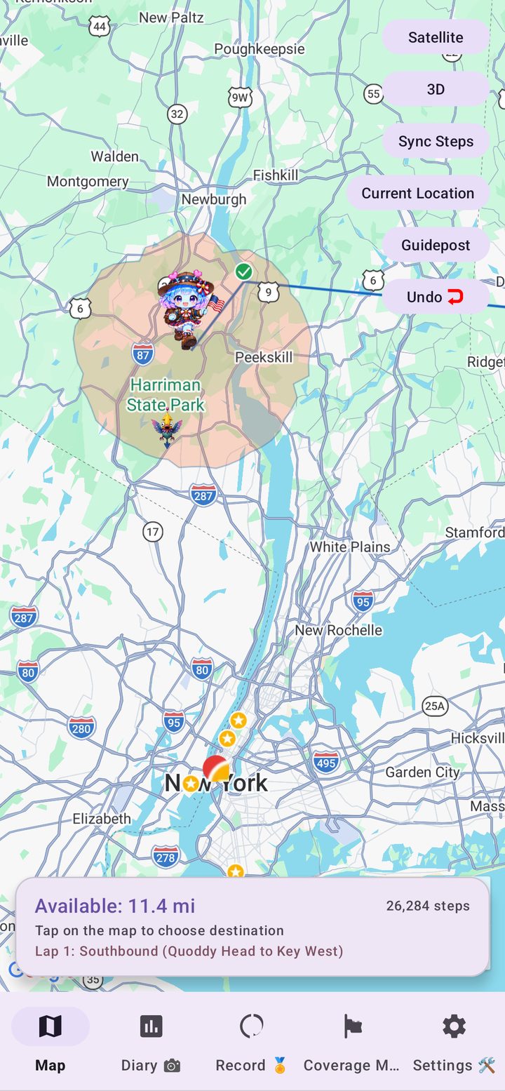 US East Walk Nomad travel map showing the movable range and the guide character Arukyun