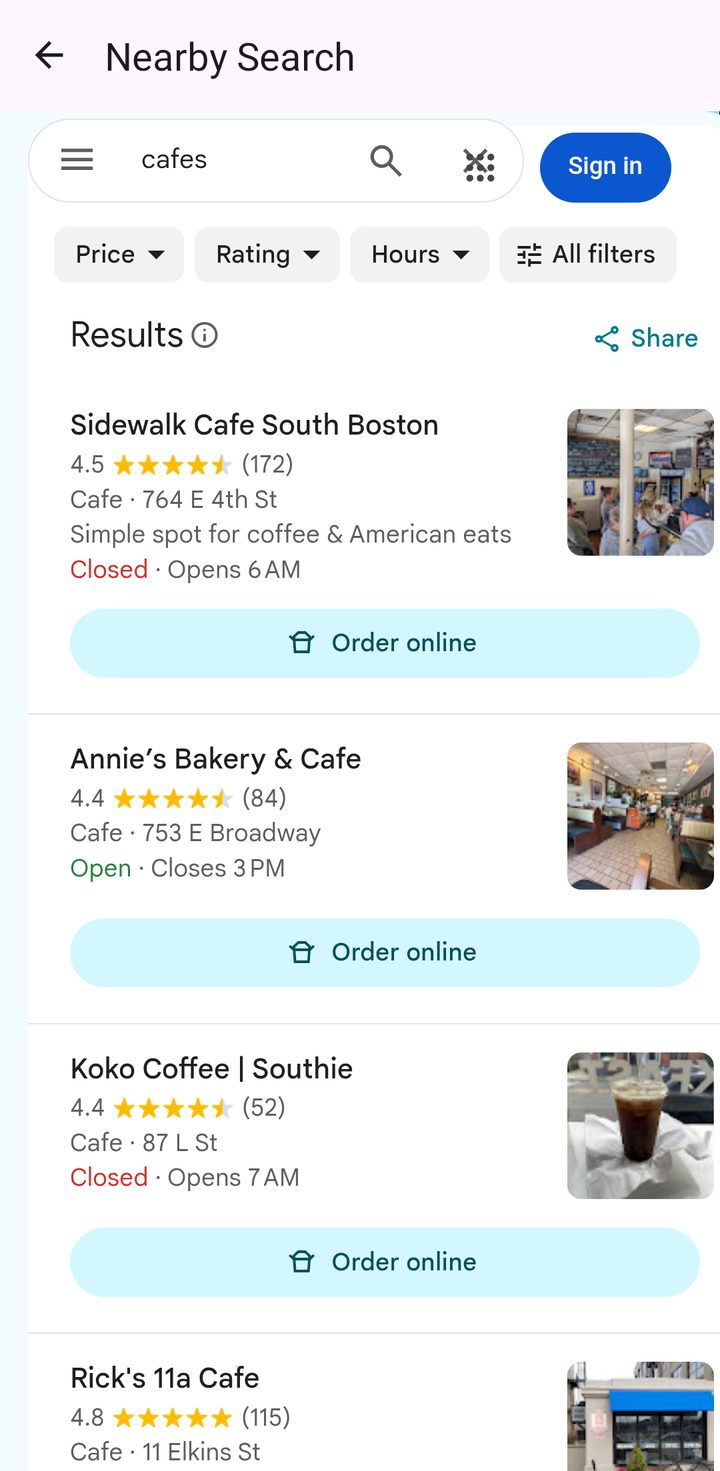 Nearby Search results for cafes in US East Walk Nomad