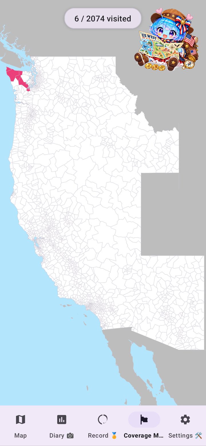 Coverage Map of the US with visited areas coloured in, in US West Walk Nomad
