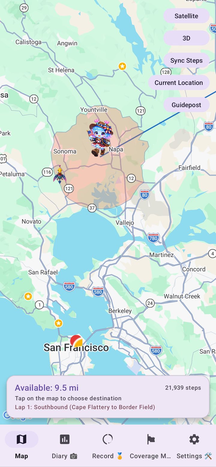 US West Walk Nomad travel map showing the movable range and the guide character Arukyun
